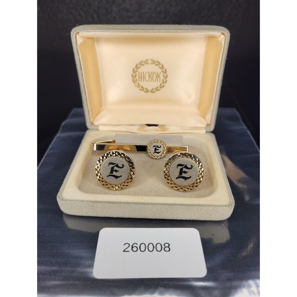 Hickok Cufflink Tie Bar Set Gold Silver Tone Monogram Letter E Boxed Excellent